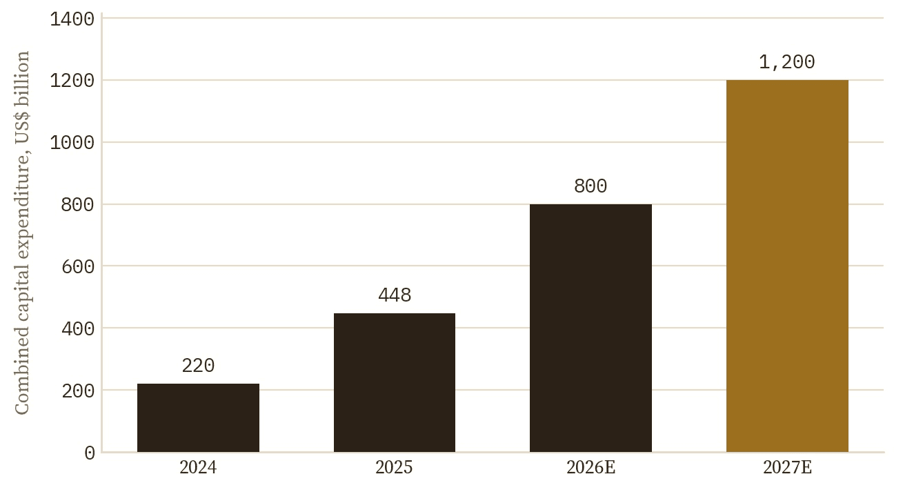 Combined capital expenditure on artificial intelligence infrastructure in billions of US dollars: 220 in 2024, 448 in 2025, an estimated 800 in 2026 and 1,200 in 2027.